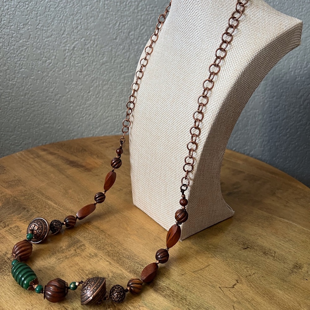 Teal & Brown Beaded Copper & Wood Necklace w/ Copper Chain by Katherine Moffat
